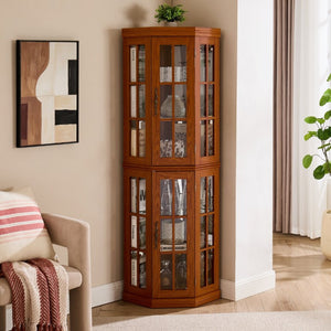 English Elm Lighted Oak Corner Display Cabinet Tall Glass Door Cupboard for Living Room W2275P554682