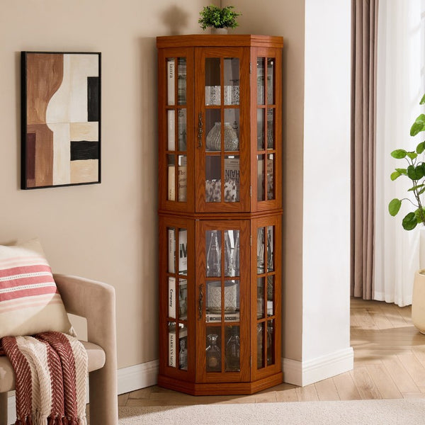 English Elm Lighted Oak Corner Display Cabinet Tall Glass Door Cupboard for Living Room W2275P554682