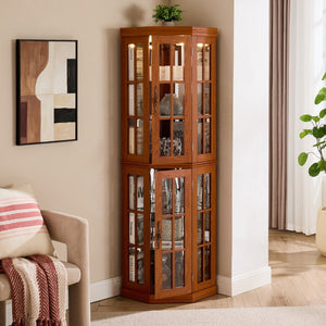 English Elm Lighted Oak Corner Display Cabinet Tall Glass Door Cupboard for Living Room W2275P554682