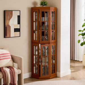 English Elm Lighted Oak Corner Display Cabinet Tall Glass Door Cupboard for Living Room W2275P554682