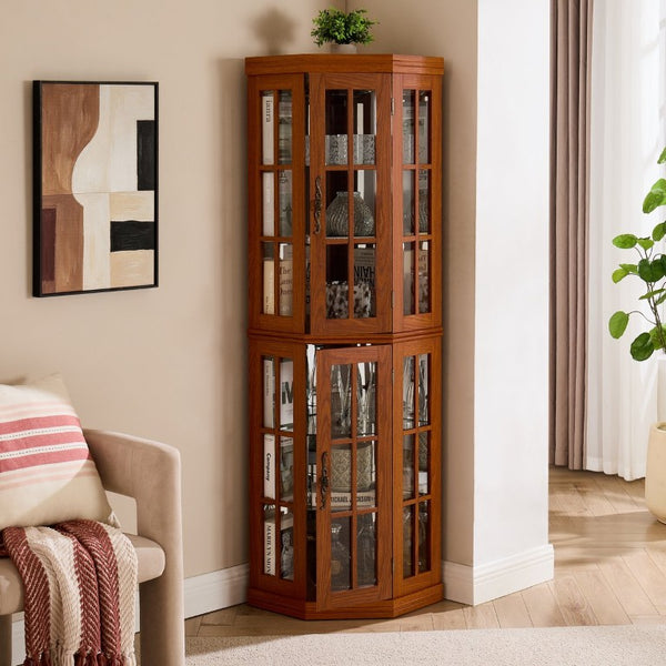 English Elm Lighted Oak Corner Display Cabinet Tall Glass Door Cupboard for Living Room W2275P554682