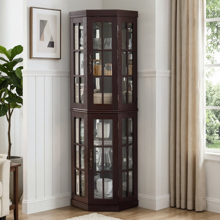 English Elm Lighted Corner Display Cabinet Dark Cherry Wood Grain Finish with Tempered Glass Doors W2275P554683
