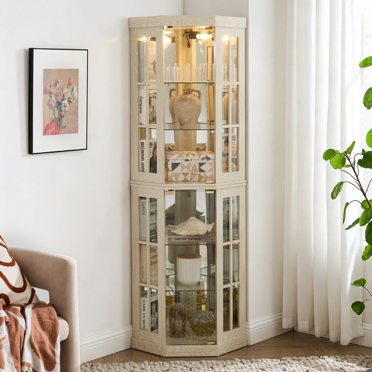 English Elm Modern Minimalist Corner Display Cabinet Tall Glass Door Storage with Warm Ambient Light White W2275P554687