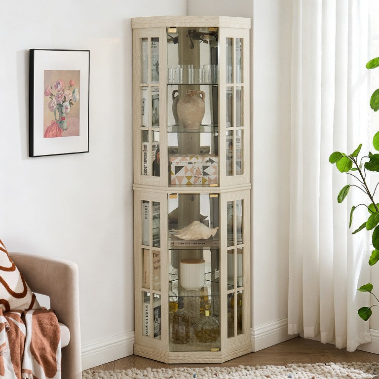 English Elm Modern Minimalist Corner Display Cabinet Tall Glass Door Storage with Warm Ambient Light White W2275P554687