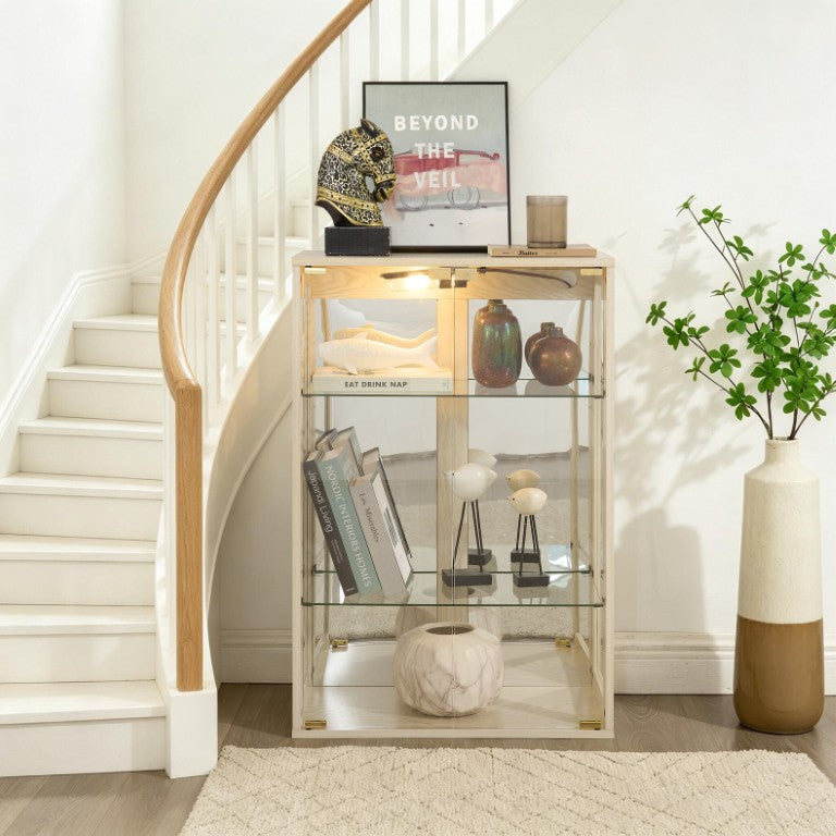 English Elm White Glass Display Cabinet with Ambient Lighting Mirrored Back and Adjustable Shelves W2275P577401