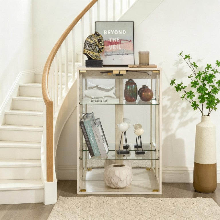 English Elm White Glass Display Cabinet with Ambient Lighting Mirrored Back and Adjustable Shelves W2275P577401