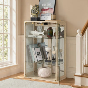 English Elm White Glass Display Cabinet with Ambient Lighting Mirrored Back and Adjustable Shelves W2275P577401