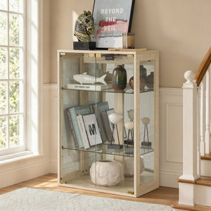 English Elm White Glass Display Cabinet with Ambient Lighting Mirrored Back and Adjustable Shelves W2275P577401