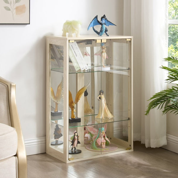 English Elm White Glass Display Cabinet with Ambient Lighting Mirrored Back and Adjustable Shelves W2275P577401