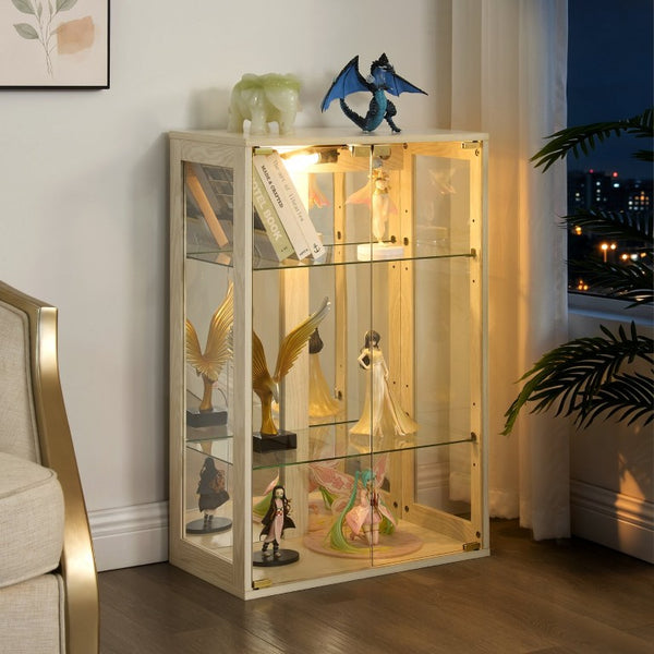 English Elm White Glass Display Cabinet with Ambient Lighting Mirrored Back and Adjustable Shelves W2275P577401