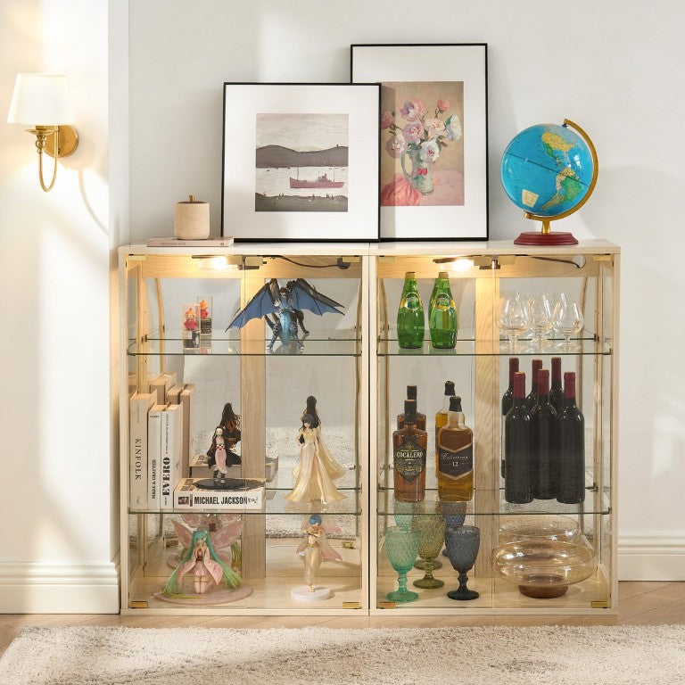 English Elm Set of 2 Modular Glass Display Cabinets with Warm Lighting and Adjustable Shelves White W2275P577403
