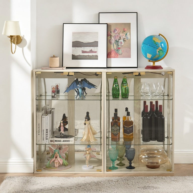 English Elm Set of 2 Modular Glass Display Cabinets with Warm Lighting and Adjustable Shelves White W2275P577403