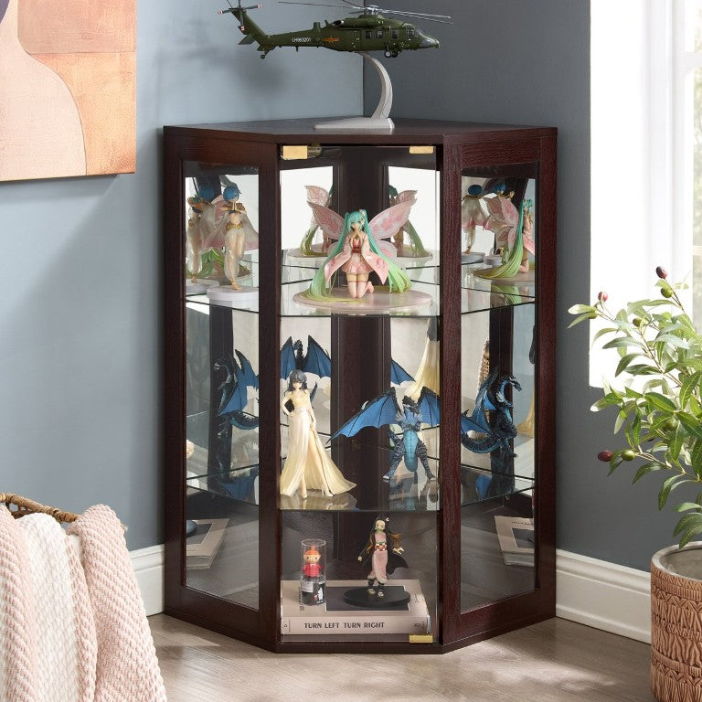 English Elm Corner Pentagon Glass Display Cabinet with Ambient Lighting and Mirrored Back Panel Cherry W2275P577406