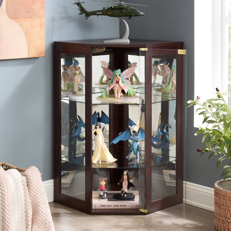 English Elm Corner Pentagon Glass Display Cabinet with Ambient Lighting and Mirrored Back Panel Cherry W2275P577406