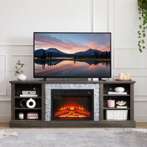 English Elm Large Fireplace TV Stand with Stone Surround Electric Insert and Open Media Storage W2275S00033