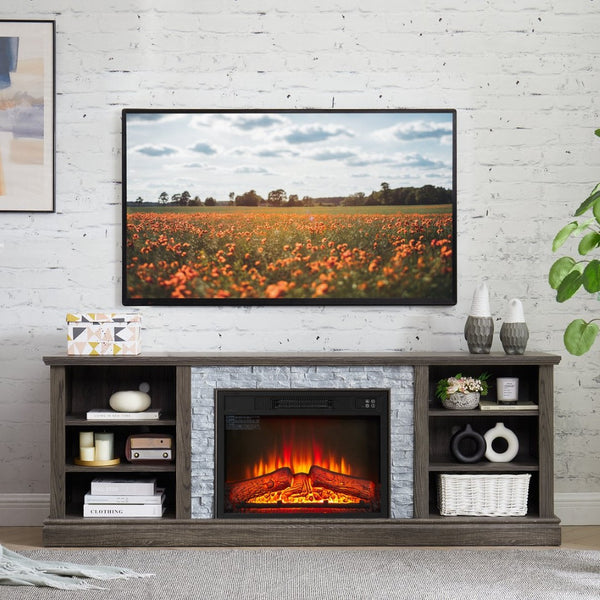 English Elm Large Fireplace TV Stand with Stone Surround Electric Insert and Open Media Storage W2275S00033