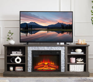 English Elm Large Fireplace TV Stand with Stone Surround Electric Insert and Open Media Storage W2275S00033