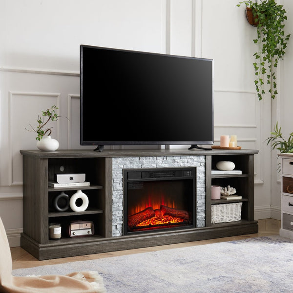 English Elm Large Fireplace TV Stand with Stone Surround Electric Insert and Open Media Storage W2275S00033