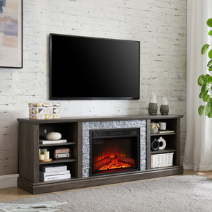 English Elm Large Fireplace TV Stand with Stone Surround Electric Insert and Open Media Storage W2275S00033