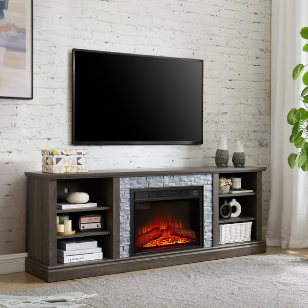 English Elm Large Fireplace TV Stand with Stone Surround Electric Insert and Open Media Storage W2275S00033
