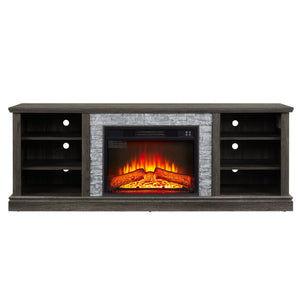 English Elm Large Fireplace TV Stand with Stone Surround Electric Insert and Open Media Storage W2275S00033