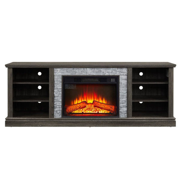 English Elm Large Fireplace TV Stand with Stone Surround Electric Insert and Open Media Storage W2275S00033