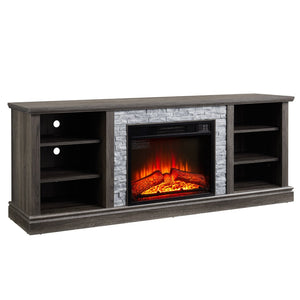 English Elm Large Fireplace TV Stand with Stone Surround Electric Insert and Open Media Storage W2275S00033