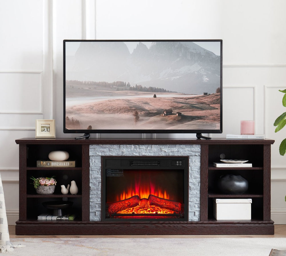 English Elm Large Electric Fireplace TV Stand with Faux Stone Surround Cherry Finish 70 Inch W2275S00034