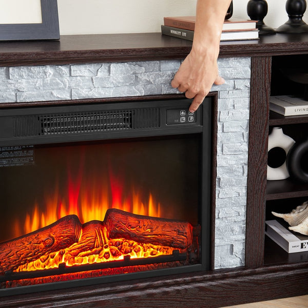 English Elm Large Electric Fireplace TV Stand with Faux Stone Surround Cherry Finish 70 Inch W2275S00034