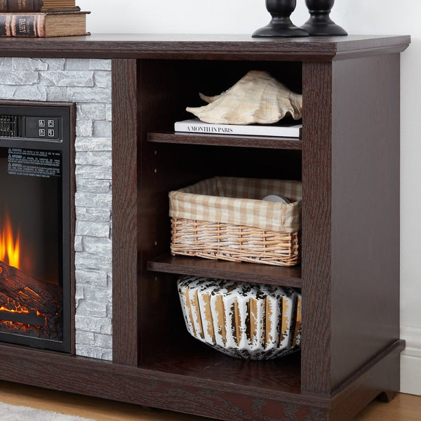 English Elm Large Electric Fireplace TV Stand with Faux Stone Surround Cherry Finish 70 Inch W2275S00034