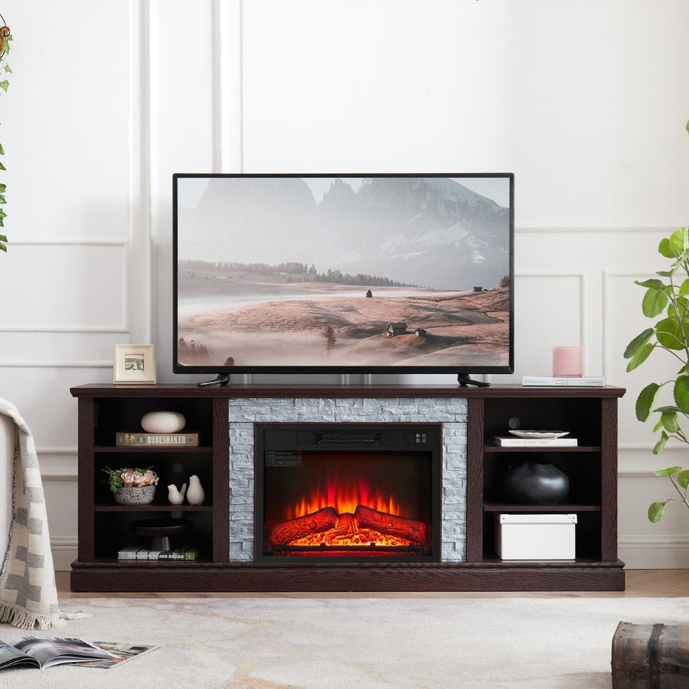 English Elm Large Electric Fireplace TV Stand with Faux Stone Surround Cherry Finish 70 Inch W2275S00034