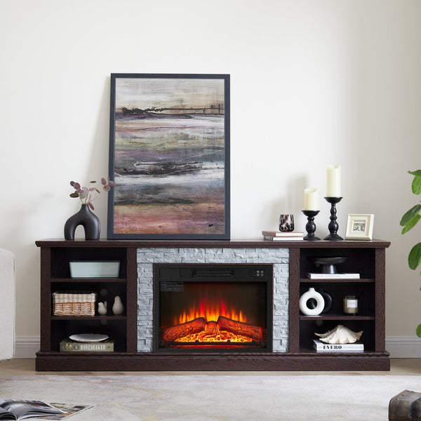 English Elm Large Electric Fireplace TV Stand with Faux Stone Surround Cherry Finish 70 Inch W2275S00034