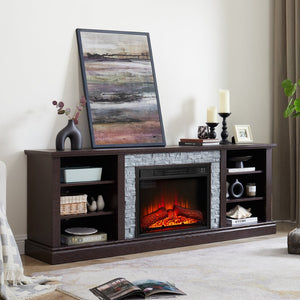 English Elm Large Electric Fireplace TV Stand with Faux Stone Surround Cherry Finish 70 Inch W2275S00034