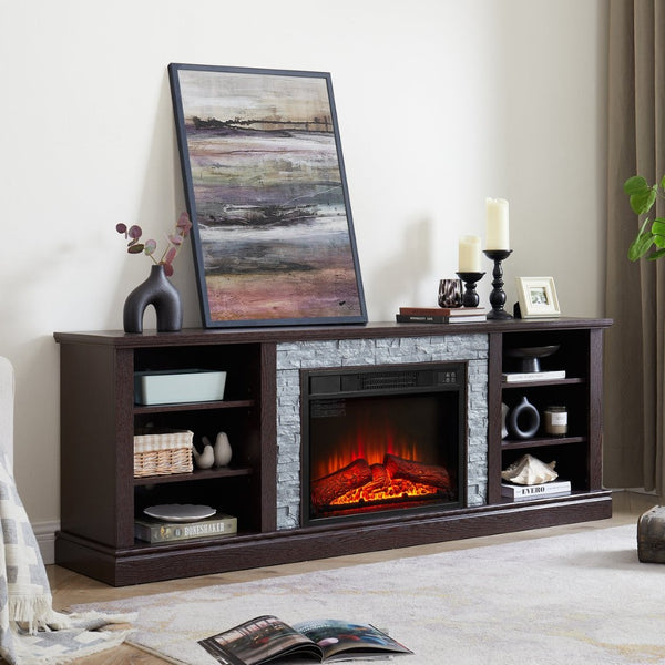 English Elm Large Electric Fireplace TV Stand with Faux Stone Surround Cherry Finish 70 Inch W2275S00034