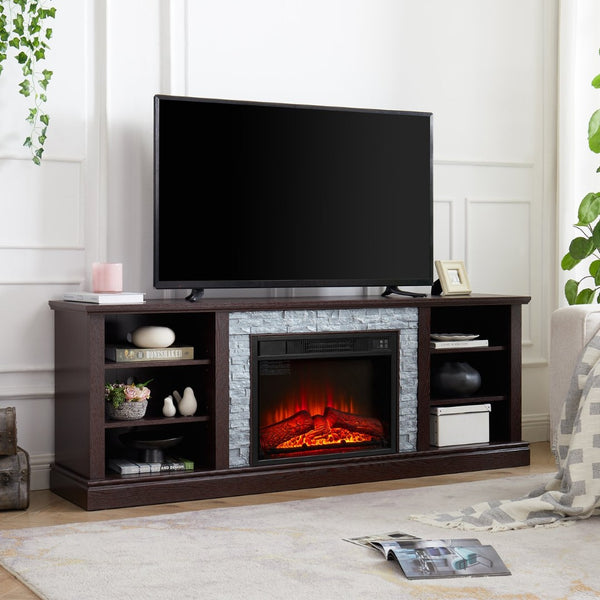 English Elm Large Electric Fireplace TV Stand with Faux Stone Surround Cherry Finish 70 Inch W2275S00034