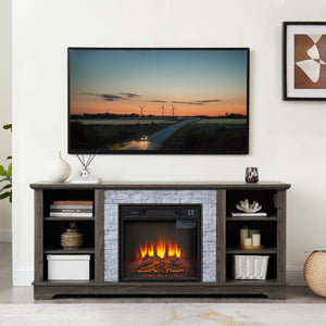 English Elm Mantel Electric Fireplace TV Console with Stone Surround and Open Shelving for Living Rooms W2275S00036