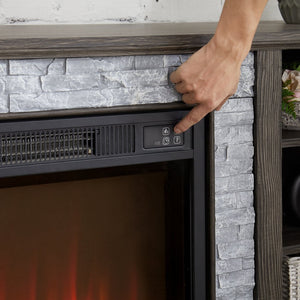 English Elm Mantel Electric Fireplace TV Console with Stone Surround and Open Shelving for Living Rooms W2275S00036
