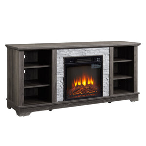 English Elm Mantel Electric Fireplace TV Console with Stone Surround and Open Shelving for Living Rooms W2275S00036