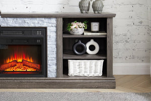 English Elm Mantel Electric Fireplace TV Console with Stone Surround and Open Shelving for Living Rooms W2275S00036