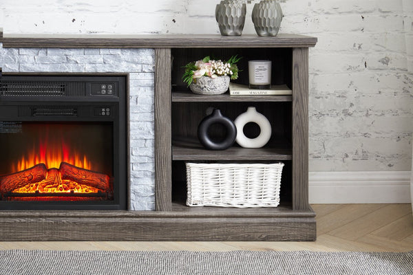 English Elm Mantel Electric Fireplace TV Console with Stone Surround and Open Shelving for Living Rooms W2275S00036