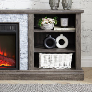 English Elm Mantel Electric Fireplace TV Console with Stone Surround and Open Shelving for Living Rooms W2275S00036