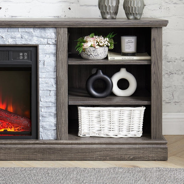 English Elm Mantel Electric Fireplace TV Console with Stone Surround and Open Shelving for Living Rooms W2275S00036