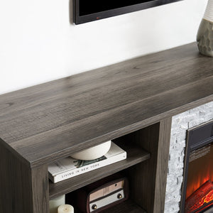 English Elm Mantel Electric Fireplace TV Console with Stone Surround and Open Shelving for Living Rooms W2275S00036