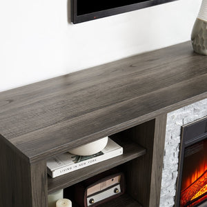English Elm Mantel Electric Fireplace TV Console with Stone Surround and Open Shelving for Living Rooms W2275S00036