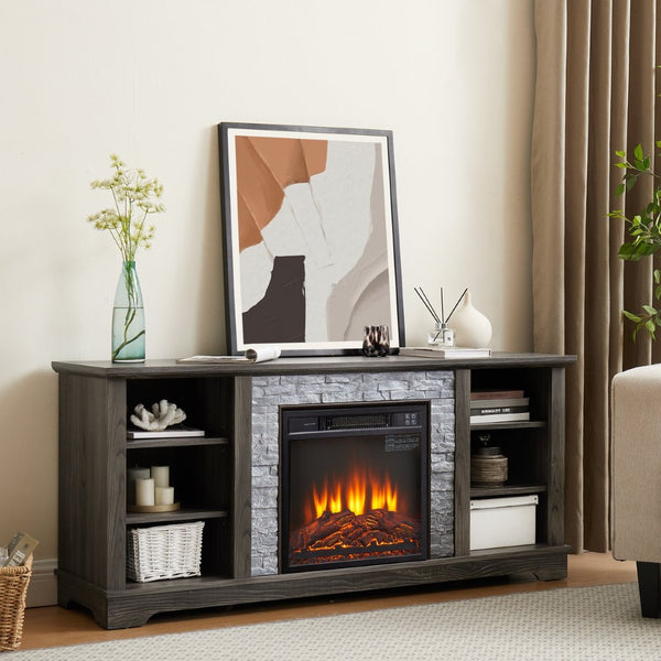 English Elm Mantel Electric Fireplace TV Console with Stone Surround and Open Shelving for Living Rooms W2275S00036