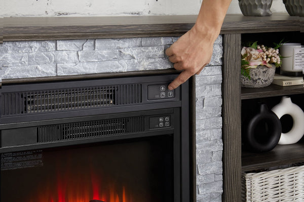 English Elm Mantel Electric Fireplace TV Console with Stone Surround and Open Shelving for Living Rooms W2275S00036