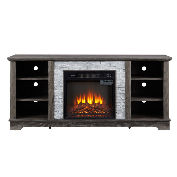 English Elm Mantel Electric Fireplace TV Console with Stone Surround and Open Shelving for Living Rooms W2275S00036