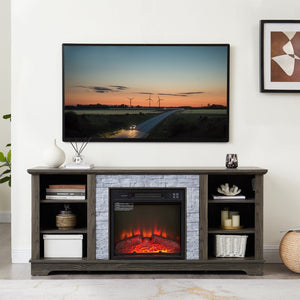 English Elm Mantel Electric Fireplace TV Console with Stone Surround and Open Shelving for Living Rooms W2275S00036