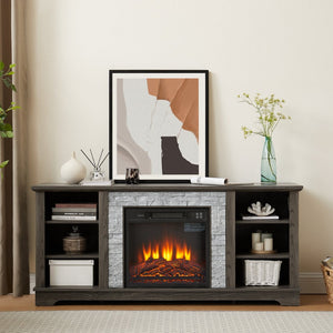 English Elm Mantel Electric Fireplace TV Console with Stone Surround and Open Shelving for Living Rooms W2275S00036