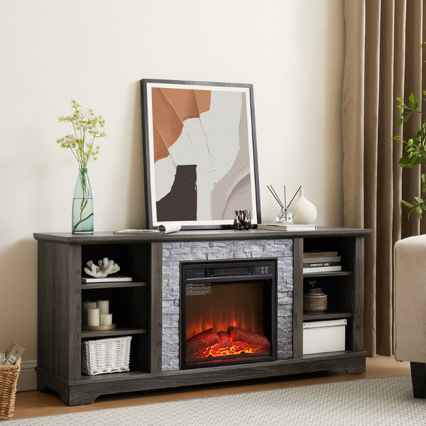 English Elm Mantel Electric Fireplace TV Console with Stone Surround and Open Shelving for Living Rooms W2275S00036